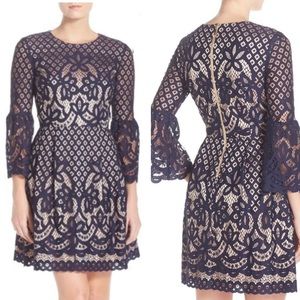 ELIZA J Navy Blue Bell Sleeve Lace Fit Flare Dress